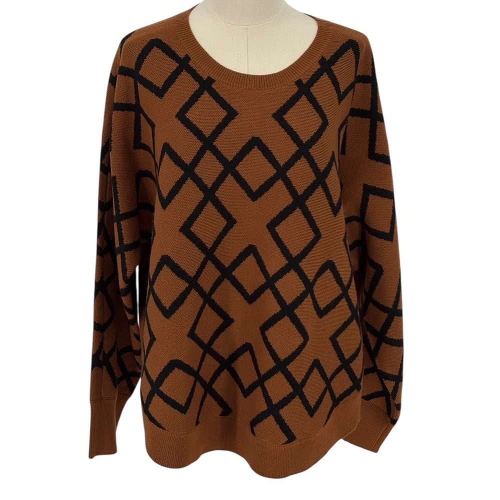 DESIGN HISTORY Women Brown Black Geometric‎ Print Knit Sweater XL